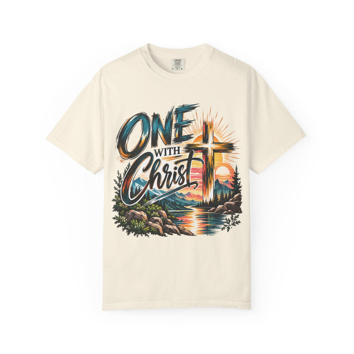 One With Christ Christian T-Shirt | Colorful Cross & Mountain Faith Tee | Pray & Bloom