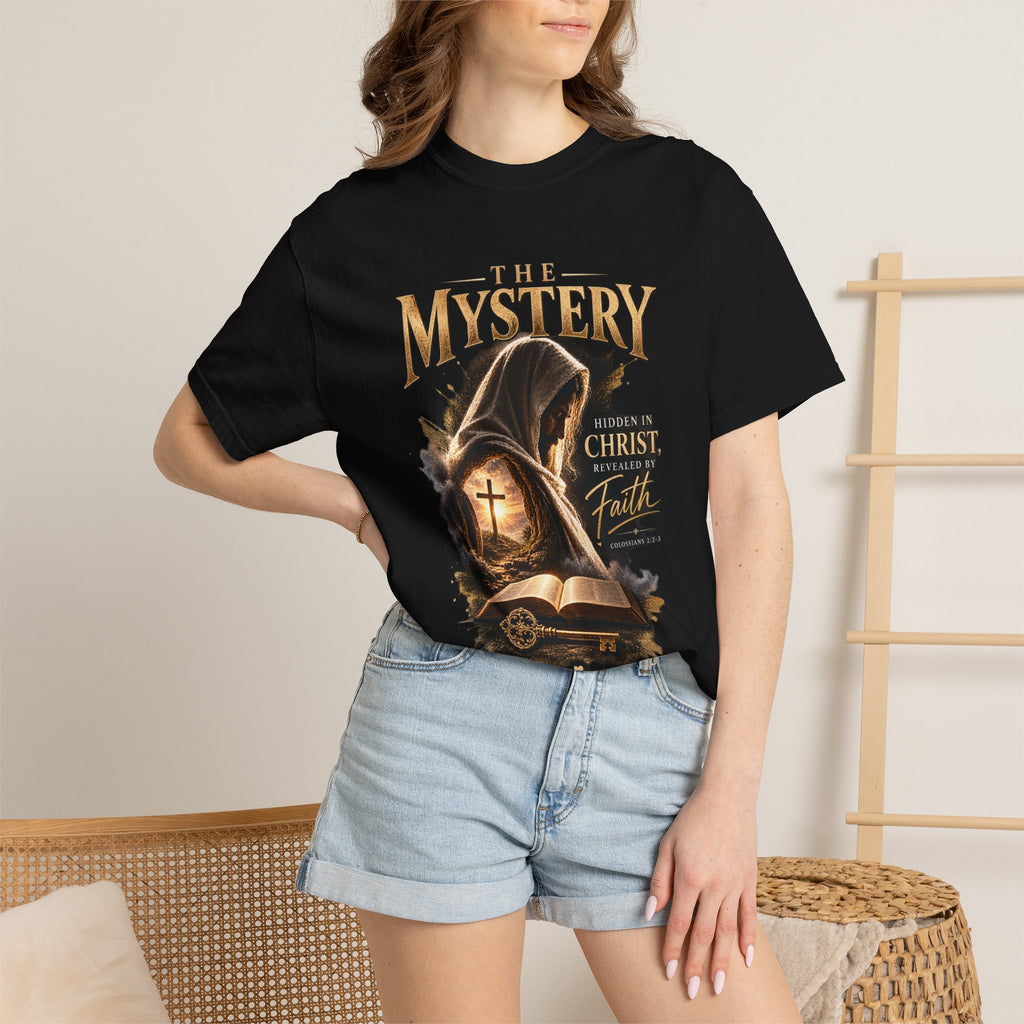 The Mystery - Hidden in Christ Revealed by Faith | Colossians 2:2-3 Christian T- Shirt | Pray & Bloom