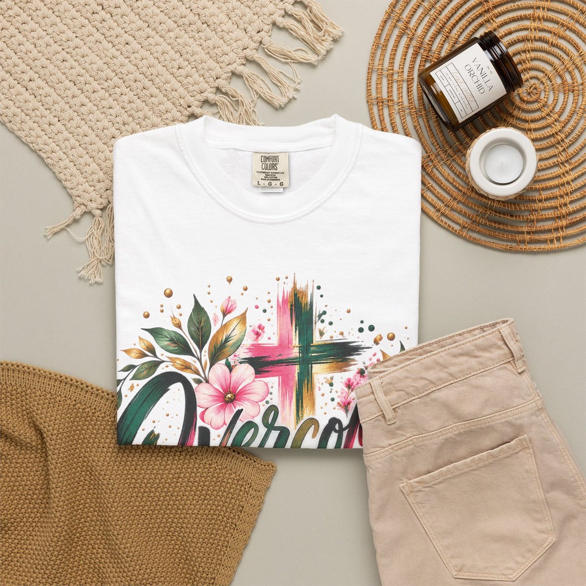 Overcomer Christian T-Shirt | Faith-Based Floral Cross Tee | Pray & Bloom