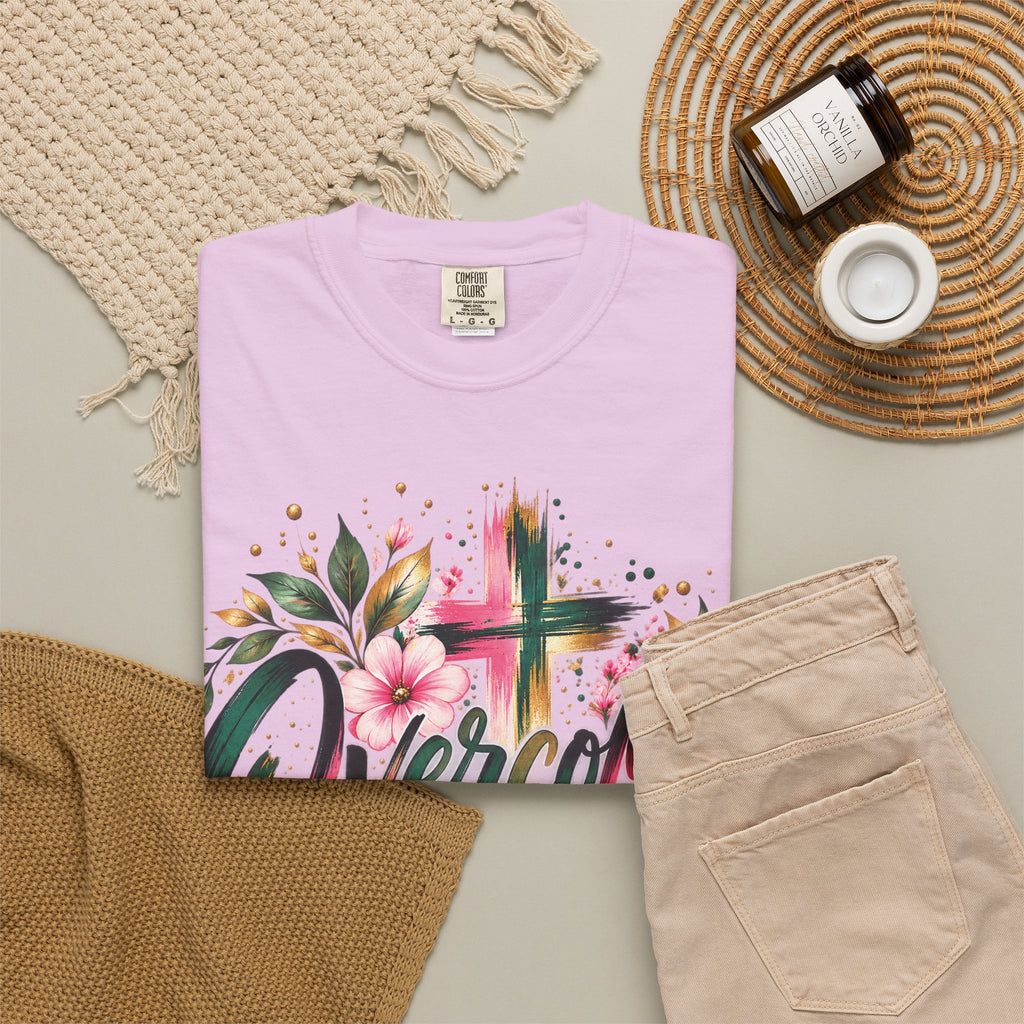 Overcomer Christian T-Shirt | Faith-Based Floral Cross Tee | Pray & Bloom