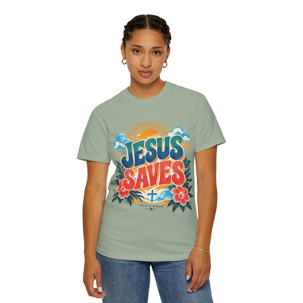 Jesus Saves Christian T-Shirt | Colorful Retro Faith Tee | Pray & Bloom