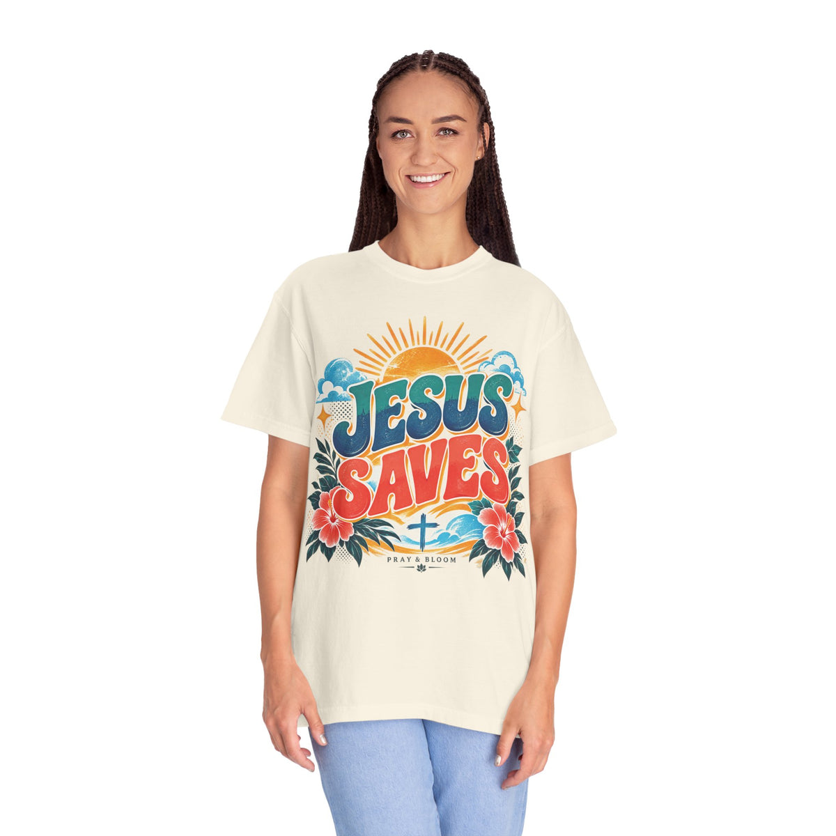 Jesus Saves Christian T-Shirt | Colorful Retro Faith Tee | Pray & Bloom