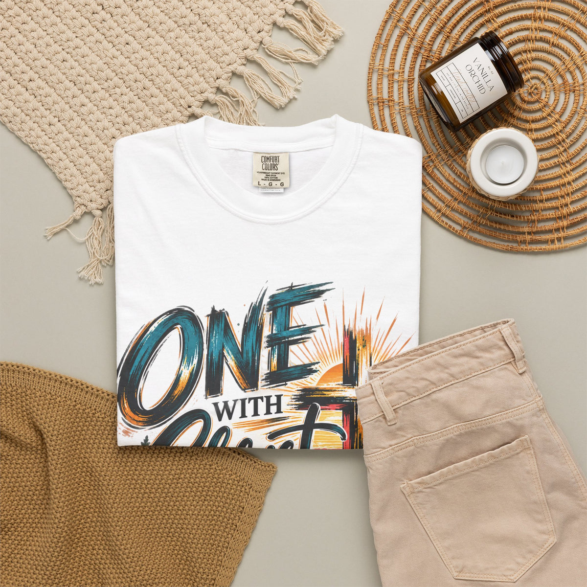 One With Christ Christian T-Shirt | Colorful Cross & Mountain Faith Tee | Pray & Bloom