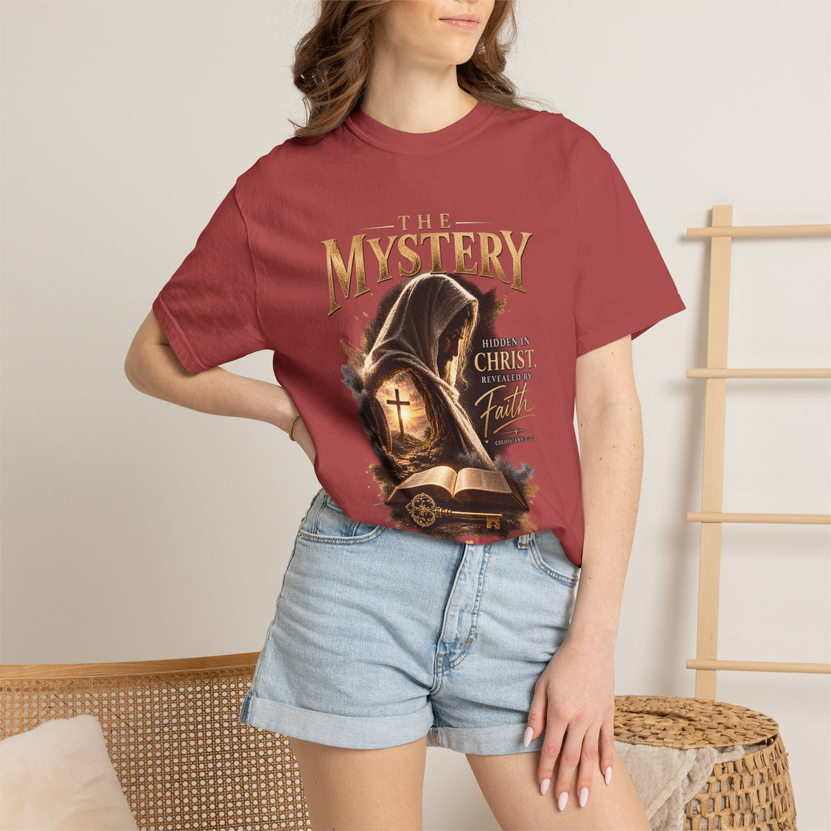 The Mystery - Hidden in Christ Revealed by Faith | Colossians 2:2-3 Christian T- Shirt | Pray & Bloom