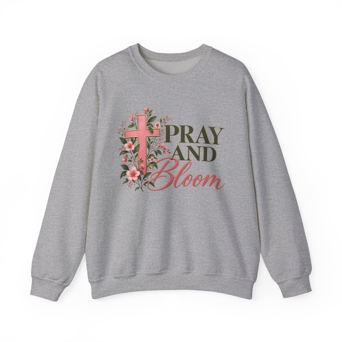 Pray & Bloom Christian Sweatshirt | Floral Cross Faith Crewneck | Growing Faith, Blooming Purpose