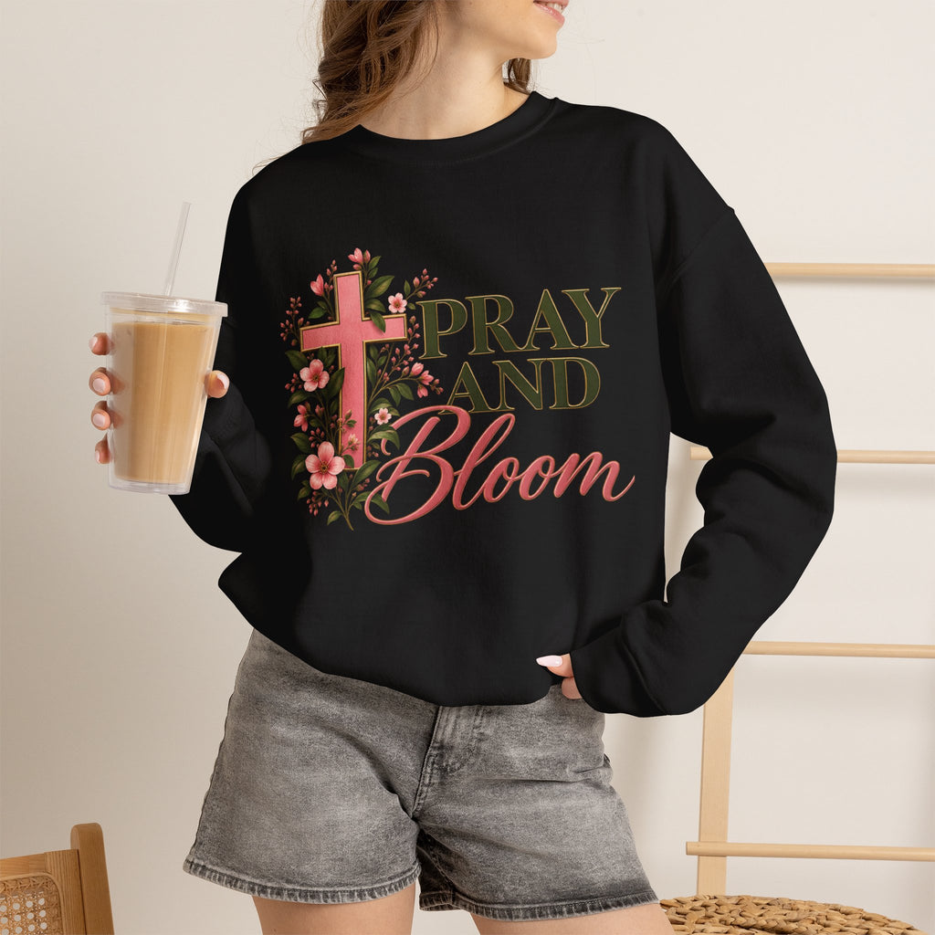 Pray & Bloom Christian Sweatshirt | Floral Cross Faith Crewneck | Growing Faith, Blooming Purpose
