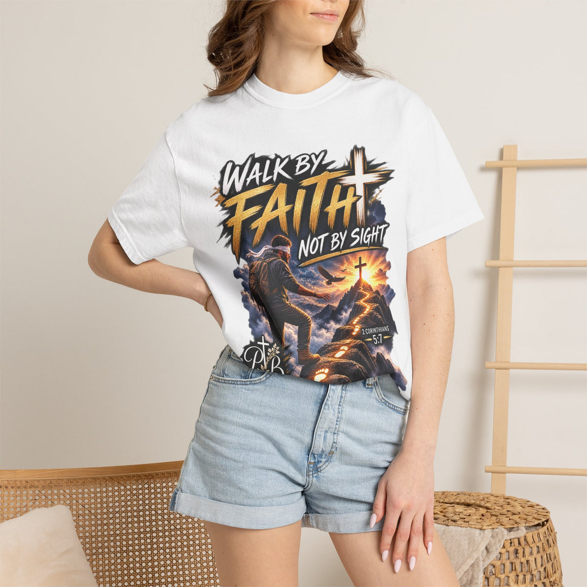 Walk by Faith Not by Sight Christian T-Shirt | 2 Corinthians 5:7 | Pray & Bloom